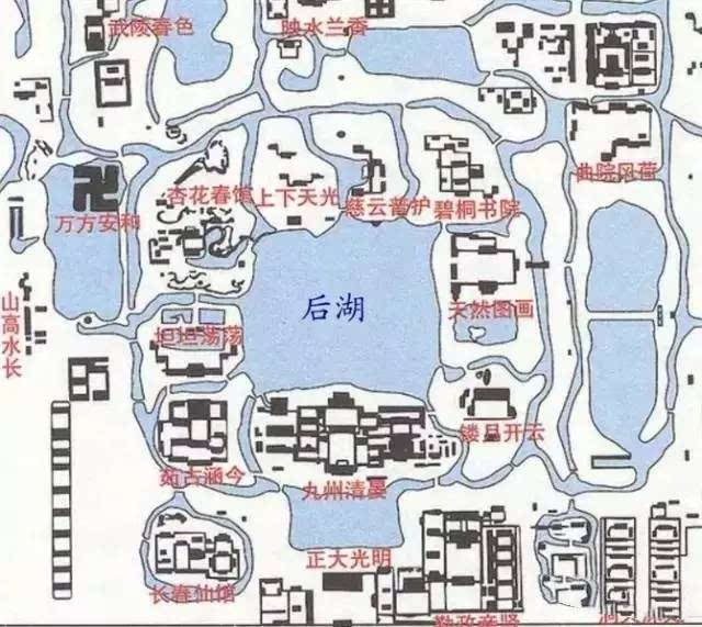 圆明园四十景分布图 在后湖四岸环列九岛,寓意全国疆域禹贡九州,亦称