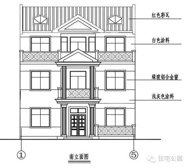 正立面图:红瓦白墙配绿玻铝合金窗,浅灰色涂料,效果不错.