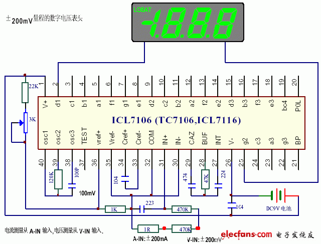 这里展示的一份由 icl7106 a/d 转换电路组成的数字电压表(数字面板表