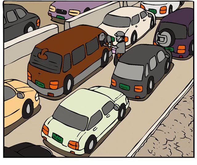 高速路堵车卖面具-恶搞漫画图