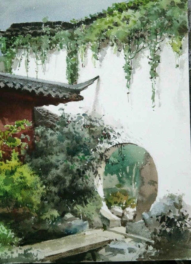 园林深处 纸本水彩 31x41cm