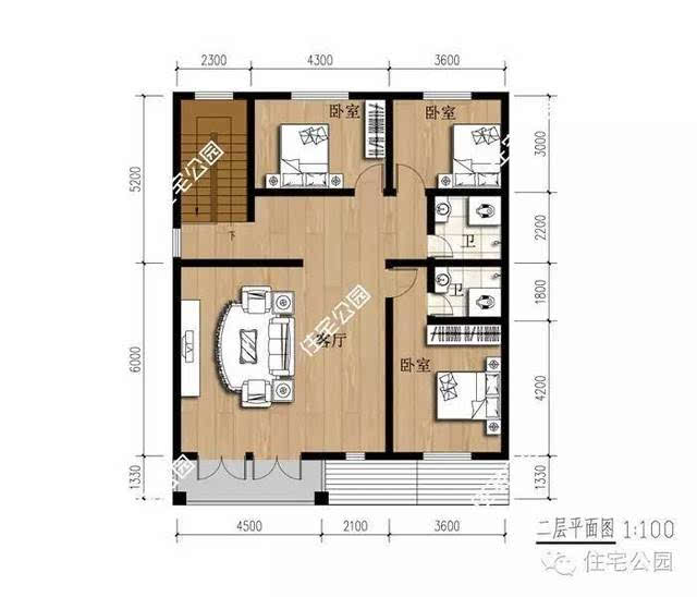 二层设3室1厅2卫,卧室作为休息用房,面积不用太大;大的空间留给了客厅