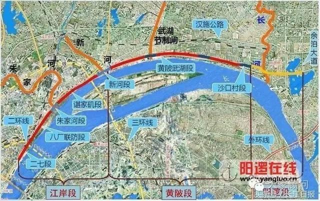 江北快速路 江北快速路由二七长江大桥立交至阳逻余泊大道,沿江串起