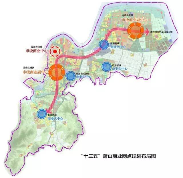 五个商业次中心(瓜沥,临浦,湘湖,空港,杭州南站)