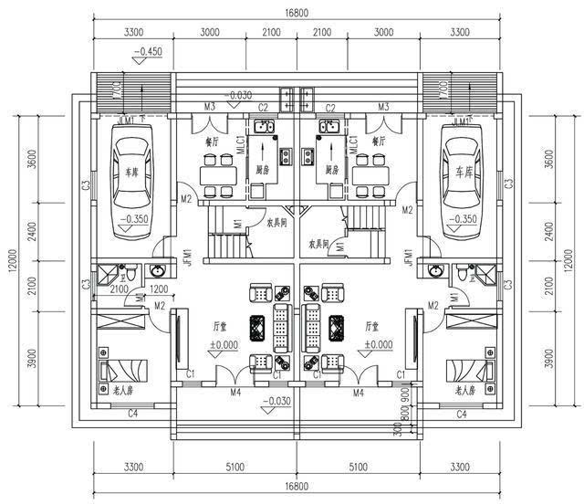 农村兄弟双拼别墅户型,16米x12米,布局超实用