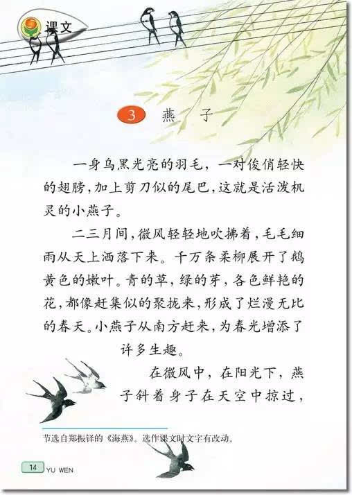 《燕子》课文原文 一身乌黑光亮的羽毛,一对俊俏轻快的翅膀,加上剪刀