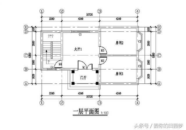 一层平面图 一层平面图:门厅,大厅,房间2等