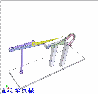 紫罗兰色连杆,蓝色和黄色摇杆创造一个平行四边形机制.