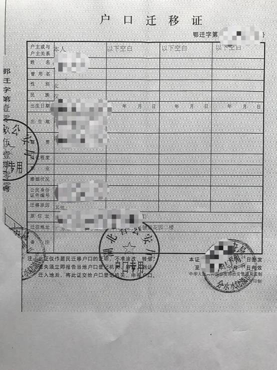 户口迁移证(复印件) tips:《户口迁移证》一个月有效,及时办理