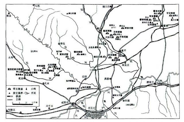 [关中唐陵分布图·来源于网络] 大唐帝陵在千余年间经历了很多浩劫