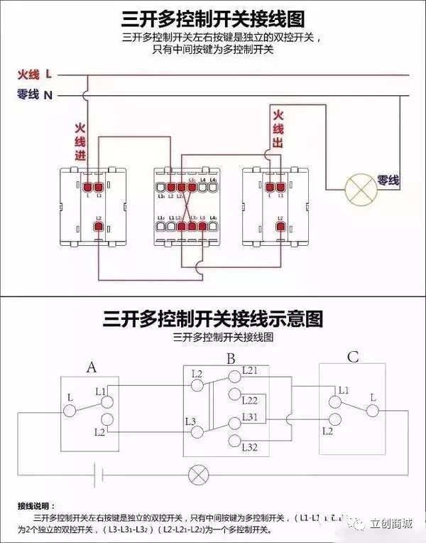 十三, 三开多控开关接线图