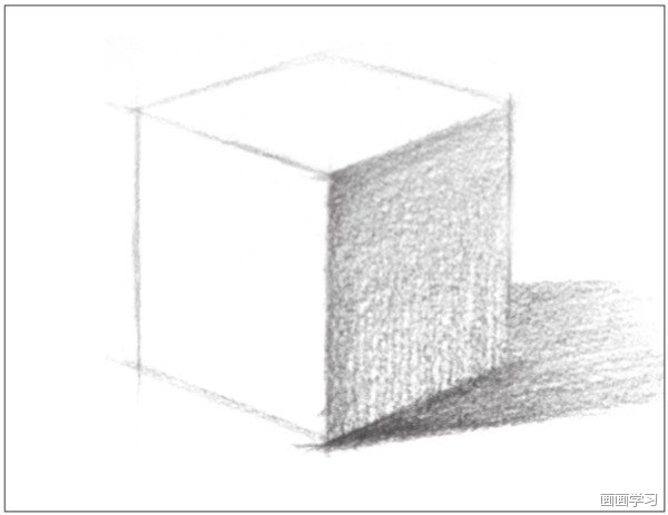 几何体素描之正方体绘画步骤四 5,使用较密的排线对物体的暗面调子