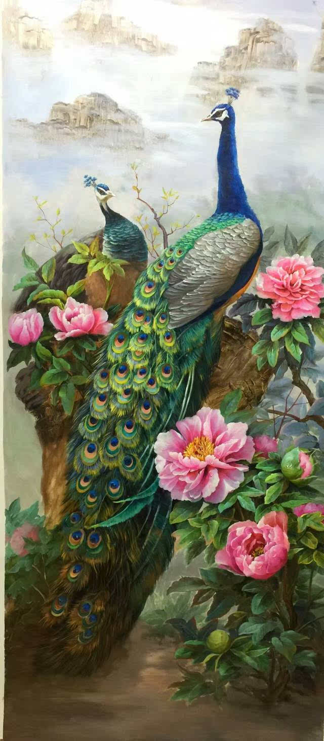 风华绝代,国色天香——一组孔雀牡丹图油画欣赏
