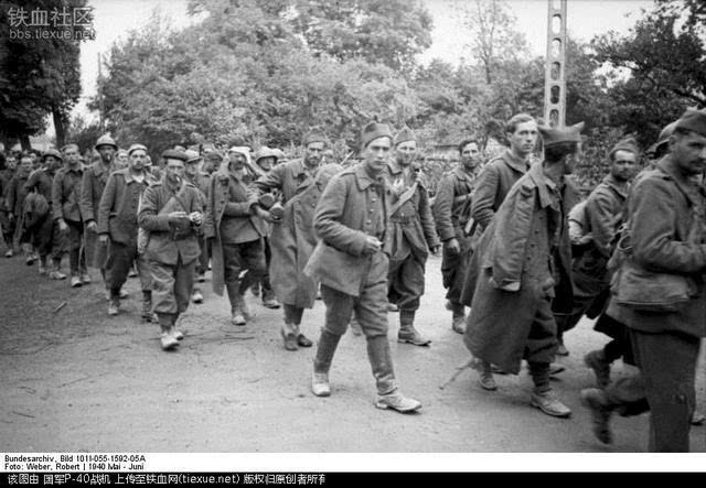 1940年5-6月,被德军俘虏的法军白人士兵,德军仅付出死亡4万人的代价就