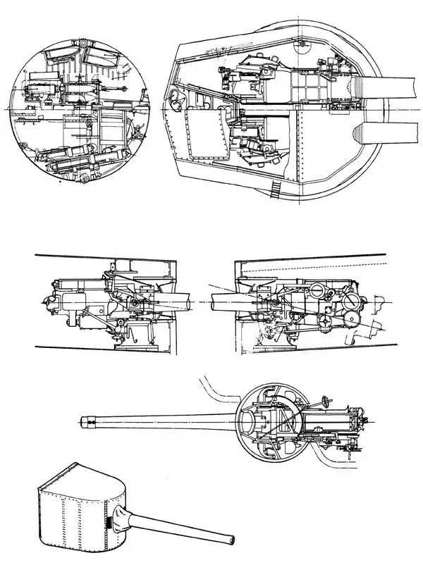 "伊丽莎白女王"级战列舰的381毫米主炮和152毫米副炮结构图.