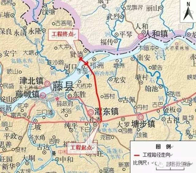终点于西江北岸,接s304梧州至藤县公路,建设内容包括西江二桥(2座桥梁
