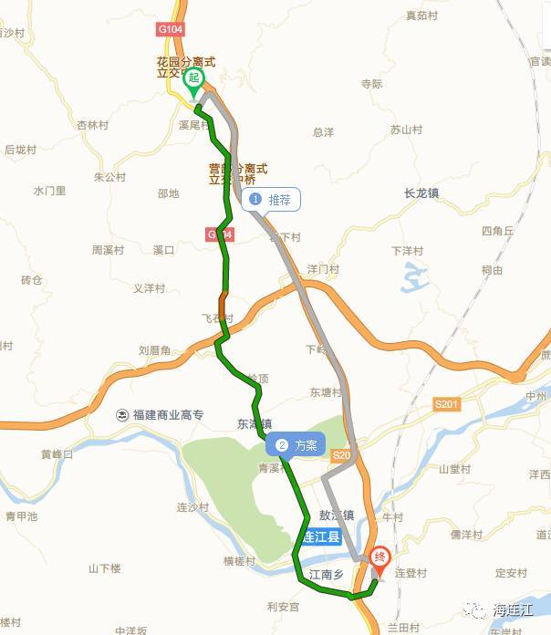 现行的104国道丹阳至南塘段的线路(绿色线)是这样的