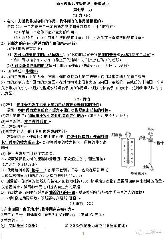 【王补平资料】人教版八年级上下册物理知识点汇总