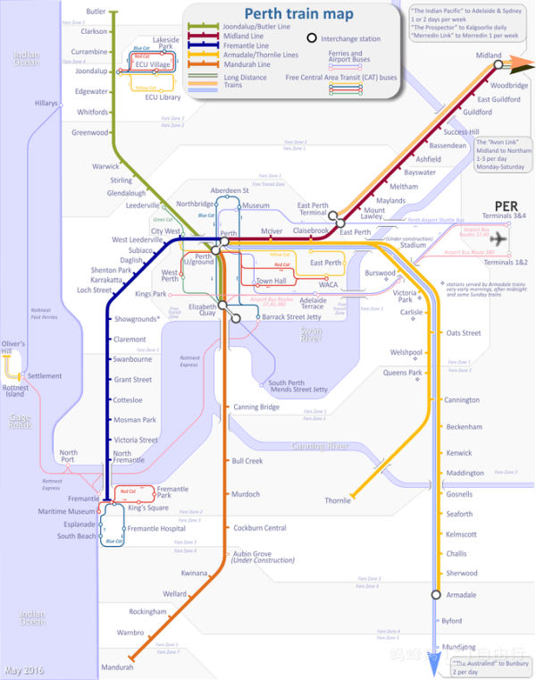珀斯地铁市区内免费乘坐,游客主要靠市内的几条免费cat旅游公交