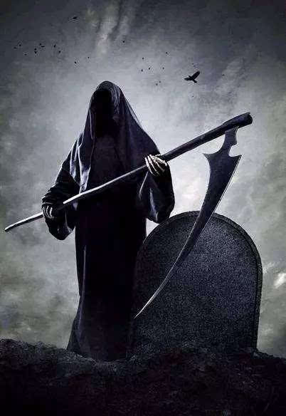 再来说西方的死神,一般我们熟悉的形象是一具骷髅,身披黑袍,手执镰刀
