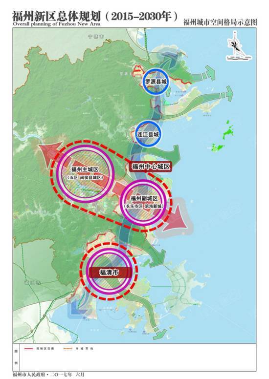 未来福州五区,闽侯县城区将组团形成福州主城区,长乐市区,滨海新城