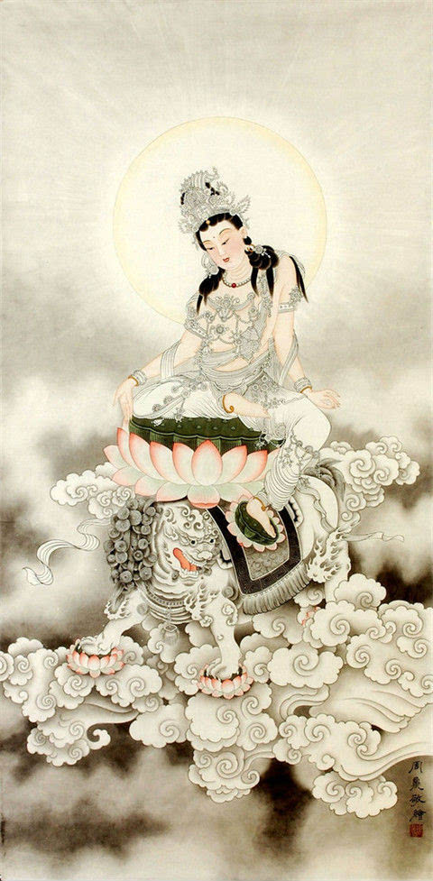 文殊菩萨,即文殊师利或曼殊室利,佛教四大菩萨之一,释迦牟尼佛的左