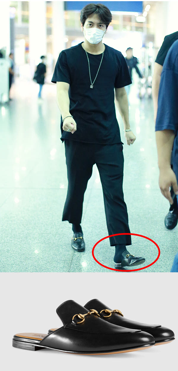 王嘉尔脚上的改良版乐福鞋是很多时尚达人会穿的,算是半拖鞋,但是一般