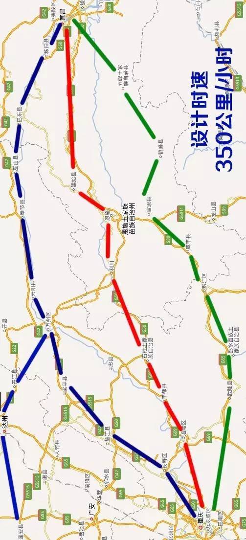 上海到成都将新建设计时速350公里的沪汉蓉高铁,北线走巫山,南线走