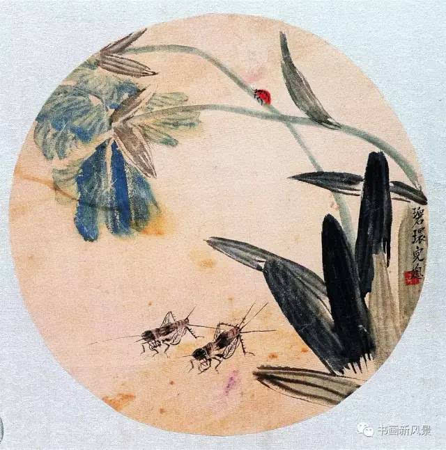 齐白石 花卉蟋蟀图 这件《花卉蟋蟀图》作于1906年,是齐白石为其师母