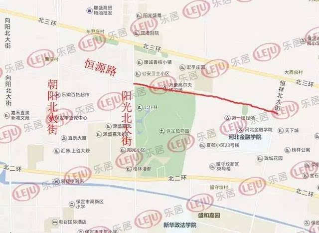 恒源路(阳光大街至恒祥大街)路段,绕过保定植物园,经过河北金融学院