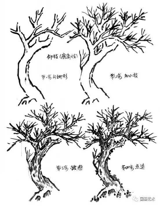 枯树画法之垂枝(蟹爪枝或称鹰爪枝) 有些树的枝下垂,如龙爪槐等.