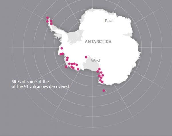 南极洲新发现的部分火山地点分布图(英国《卫报》网站)