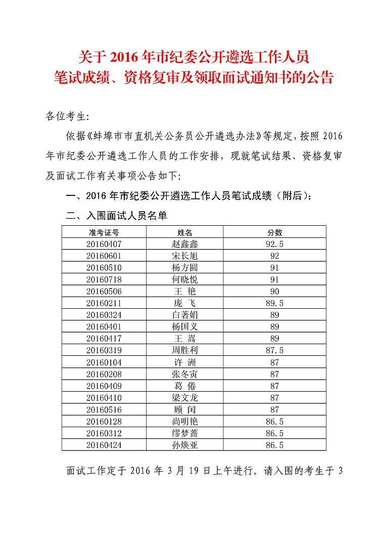 2016蚌埠市纪委遴选公务员资格复审名单公示
