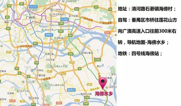 广州市区→猎德大道→新港东路→科韵路→官洲隧道→广州海傍水乡生态