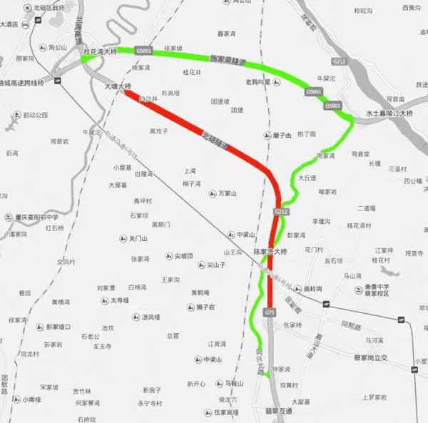 拥堵点:北碚隧道   建议绕行线路:三溪口互通-g212-g5001绕城