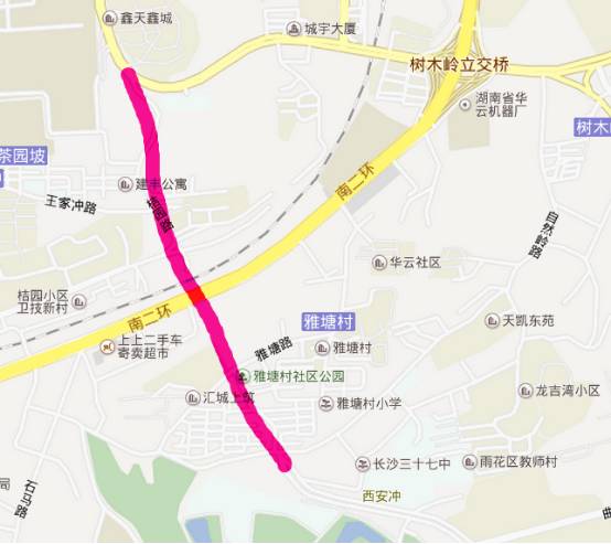 路,南至雅塘冲路,全长1274米,道路等级为城市主干道,规划路幅宽46米