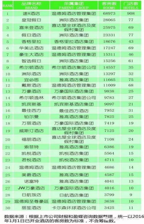 2016 中国10大酒店集团及品牌市场占有率