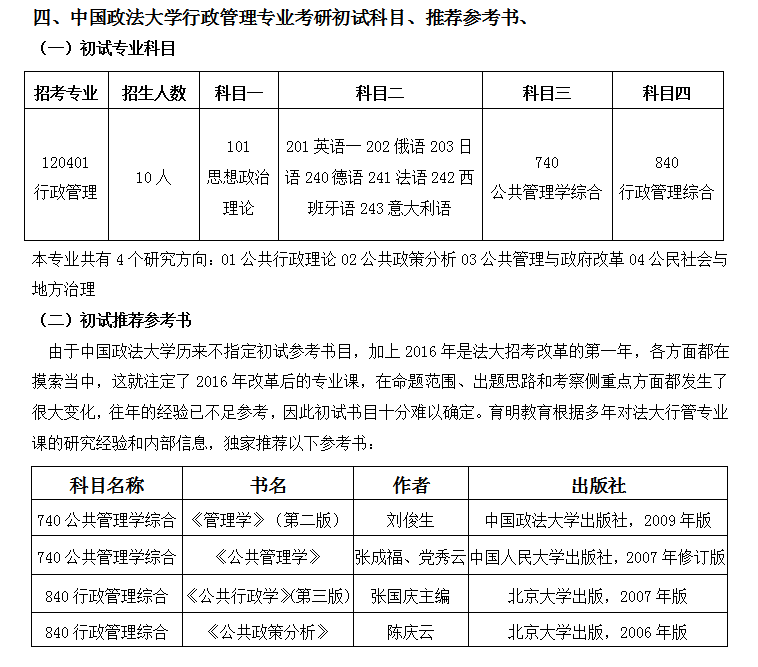 中国政法大学行政管理专业考研参考书录