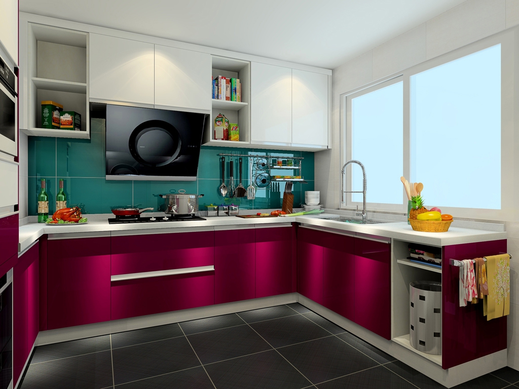 现代紫色风情厨房橱柜大理石台面效果图 – 设计本装修效果图