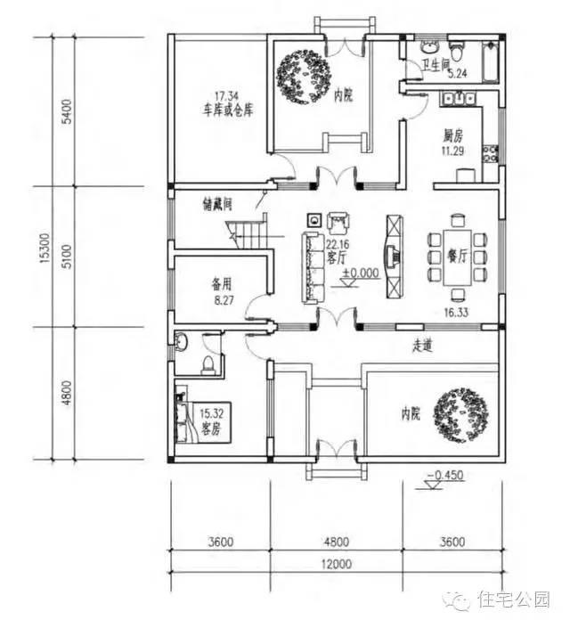 新农村实用自建房户型 12米x15米 带庭院车库 含图