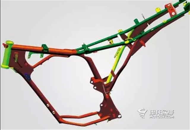 叉形管摇篮式车架:其造型是由单根钢管与车架转向立管相接,再由两根