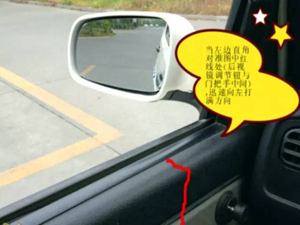 2,直角转弯技巧图解:其次:调整左/右后视镜,使车身占后视镜约1/5(即在