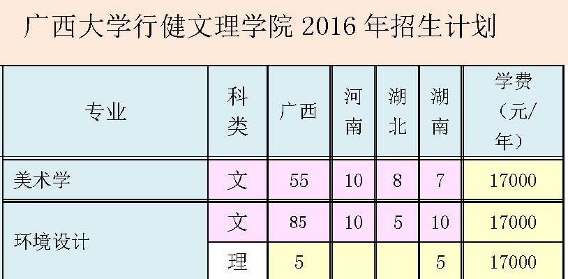 广西大学行健文理学院2016年艺术类招生计划