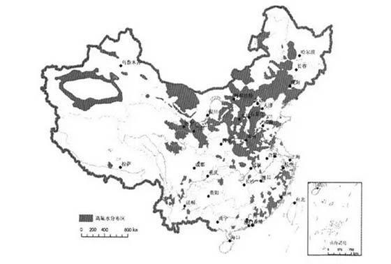 世界高氟水分布图高氟水分布地区:主要分布在华北,西北,东北和黄淮海