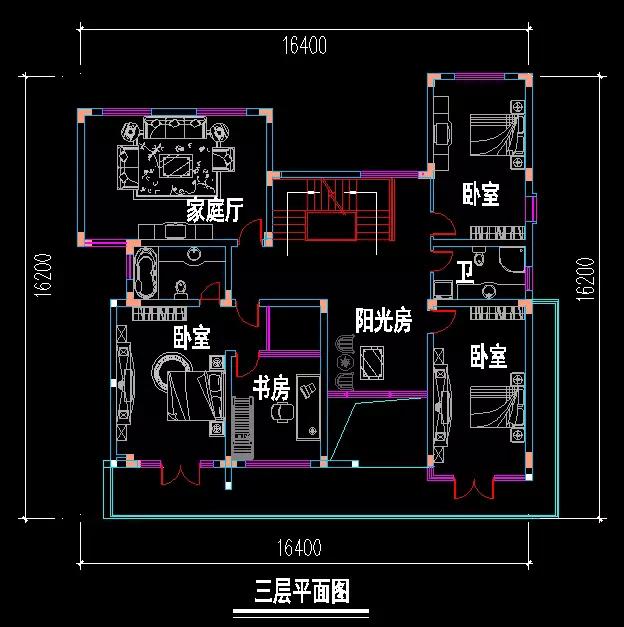 三层与二层布局相同,不过是阳光房外的花园挑空,这对于室内赏景更添