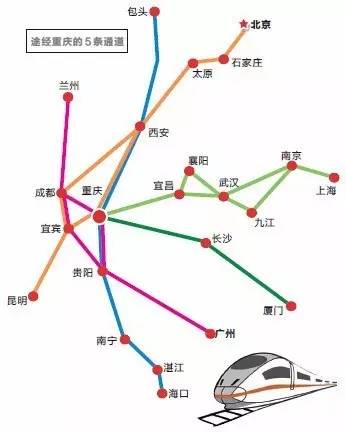 这五条高铁将经过重庆 京昆通道:北京～石家庄～太原～西安～ 成都