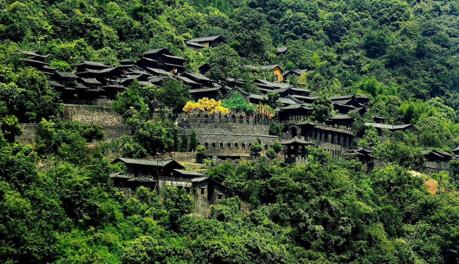 一道水坝已筑起,截住了清幽的龙溪水,使溪水抬高了1-2米,溪水碧绿