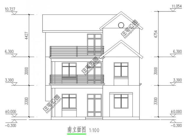 新农村3层自建房 10米面宽 带露台车库 含图纸-西立面图