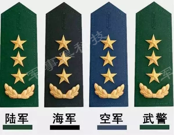 解放军的军衔共分5等19级,上将为最高军衔,图案为金色枝叶加三颗金星.