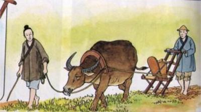 古人用耕牛 耧车的方式耕种,大大节省了人力成本投入